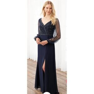 Adrianna Papell 40398 Bishop Sleeve Beaded Bodice Dress, Navy, 16, MOB, Preowned